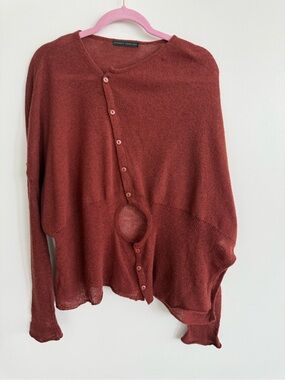 Asymmetrical Button Cardigan in Rust from Barcelona Designer Lurdes Bergada